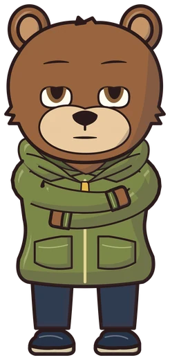 Bramble, a brown bear in an olive hoodie.