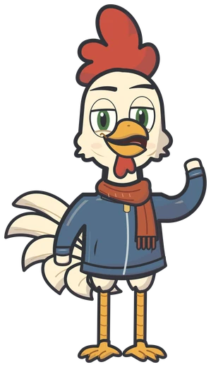 Clive, a white rooster in a blue jacket and red scarf.