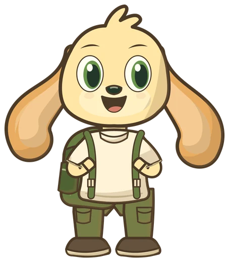 Pip, a small cream puppy with floppy ears, a white T-shirt, olive trousers and a green backpack.